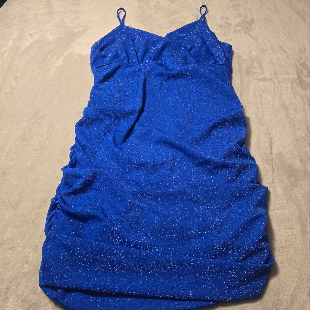 Womens Blue Glitter Ruched V-Neck Strappy Bodycon Homecoming Mini Dress 1X Shein
